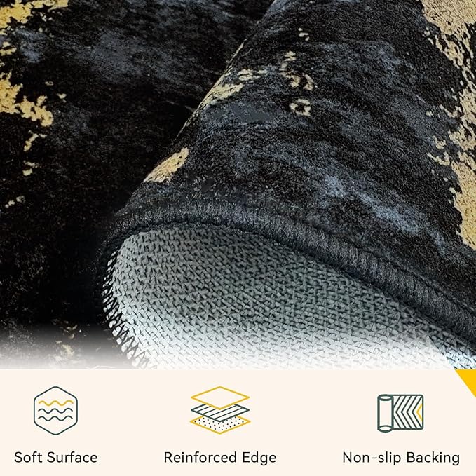 Washable Area Rugs Square 7ft Non-Slip Modern Abstract Soft for Living Room Entryway Bedroom Nursery, Print Pattern, Dark Black Gold
