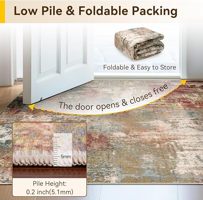 Washable Area Rugs 2'6''x8 Non-Slip Modern Abstract Soft for Living Room Entryway Bedroom Nursery, Print Pattern, Brown Rust Red Green Blue Multi
