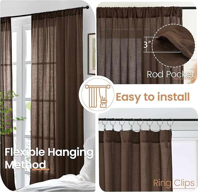 BGment Linen Curtains 84 Inch Length for Living Room, Brown Lightweight Rustic Country Window Drapes for Farmhouse Bedroom Dining Room Decor Rod Pocket Textured, 2 Panels Set, Each 60 Inch Wide
