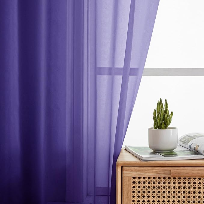 Simplebrand Purple Sheer Curtains 63 Inch Length 2 Panels, Rod Pocket Solid Color Window Sheer Curtain Panels, Elegant Curtains & Drapes for Living Room, Bedroom (Purple, 42" W x 63" L)