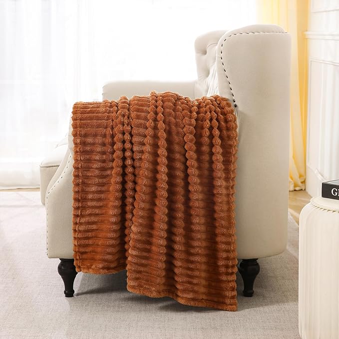 Burnt Orange Fleece Throw Blanket 50”×60” for Couch Sofa Bed,Super Soft Cozy Plush Microfiber Flannel Blanket with Stripes Design Lightweight for Adults,Woman,Girls