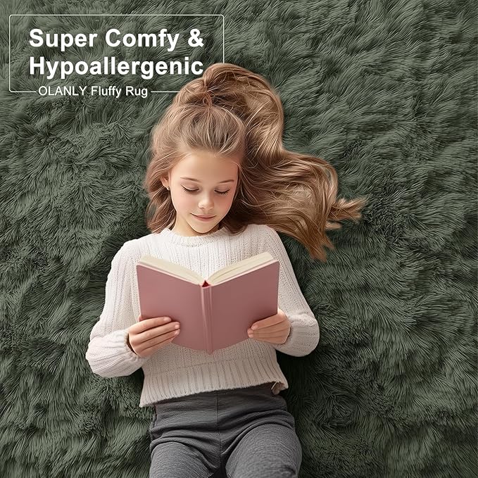 OLANLY 2x6 Machine Washable Runner Rugs for Hallway, Soft Fluffy Shaggy Bedside Rugs for Bedroom, Living Room, Indoor Floor Carpet for Kids Girls and Boys, Home Decor Aesthetic, Olive Green