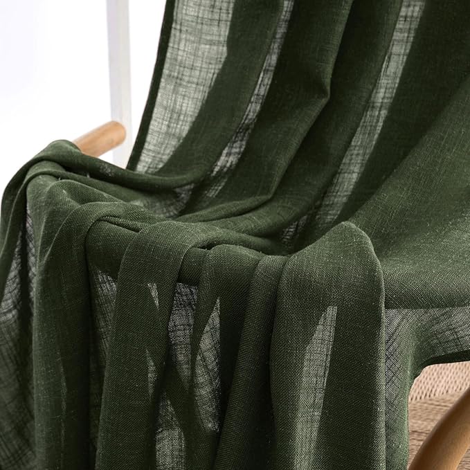 MIULEE Olive Green Short Linen Curtains 45 Inch Length 2 Panels for Kitchen Bedroom Bathroom, Soft Thick Linen Textured Basement Window Drapes Semi Sheer Light Filtering Back Tab Burlap Look Decor