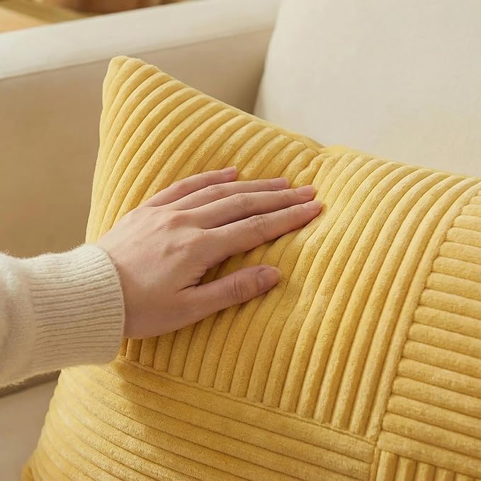 Fancy Homi 2 Packs Yellow Decorative Throw Pillow Covers 16x16 Inch for Living Room Couch Bed, Rustic Farmhouse Boho Home Decor, Soft Corss Patchwork Corduroy Textured Square Cushion Case 40x40 cm