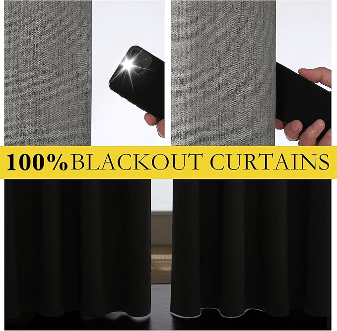 NICETOWN Grizzle Gray Vintage Linen 100% Blackout Curtains for Living Room, Thermal Insulated Curtains 48" Long, Noise Reducing Window Treatment Drapes for Hall Room, 52" Wide Per Panel, Set of 2
