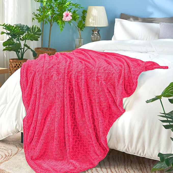 inhand Hot Pink Fleece Twin Blanket, Lightweight Leaves Pattern Fuzzy Blanket for Couch Sofa, All Season Use, 60 x 90 Inches