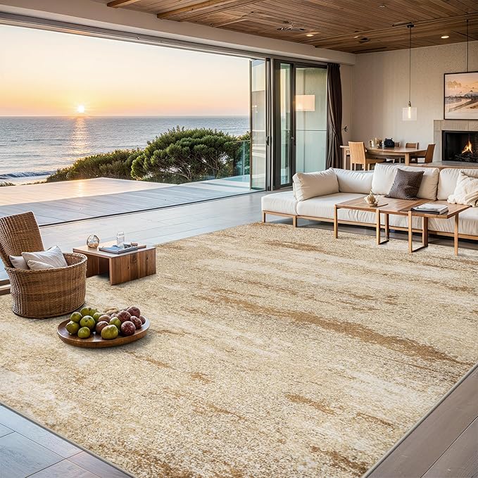 Area Rugs 10x14 Living Room - Washable Rug Modern Abstract Soft Large Neutral Non-Slip Carpet Indoor Floor Thin Carpets for Bedroom Dining Room Farmhouse Nursery Home Office Beige