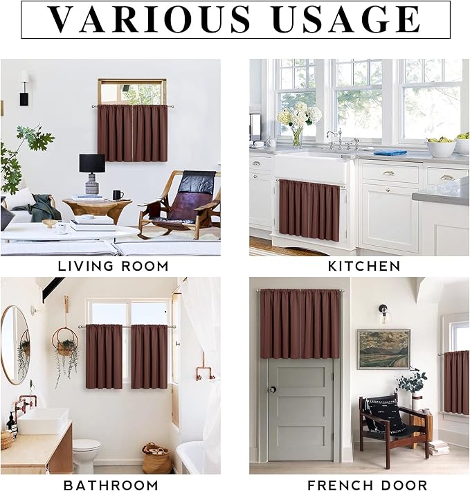 RYB HOME Basement Bathroom Kitchen Cafe Blackout Privacy Curtains, Short Insulating Light UV Heat Blocking Privacy Curtain Tiers for Laundry Room, Width 34 by Length 30, Chocolate Brown, 2 Panels