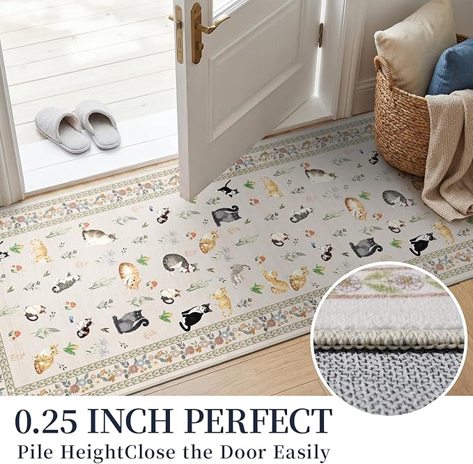2x6 Washable Kitchen Runner Rug - Soft Low Pile Floral Animal Cat Print Rugs with Non-Slip Backing Waterproof Stain-Resistant Indoor Carpet for Hallway Entryway Bathroom Bedroom (Light Beige)