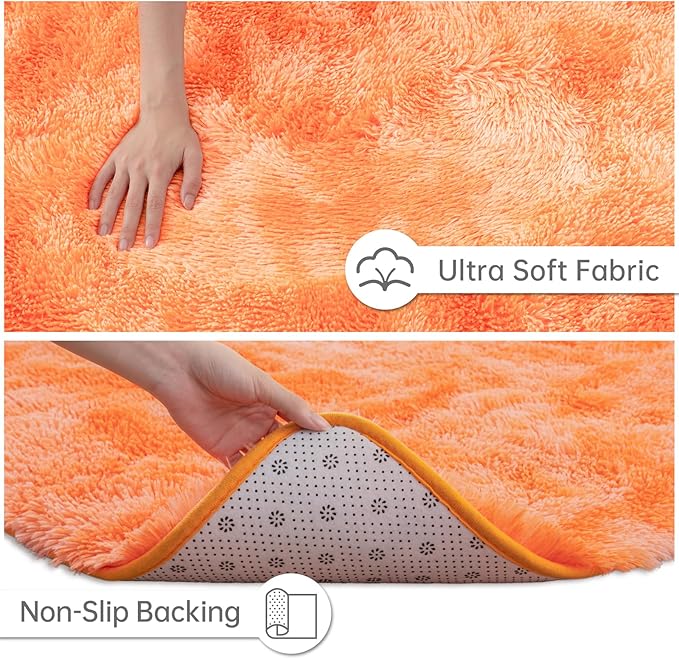 Goideal Fluffy Rug for Bedroom Living Room, 7x10 Orange Area Rugs, Faux Fur Shag Modern Carpet Ultra Soft Girls Boys Room Home Decor, Tie-Dyed