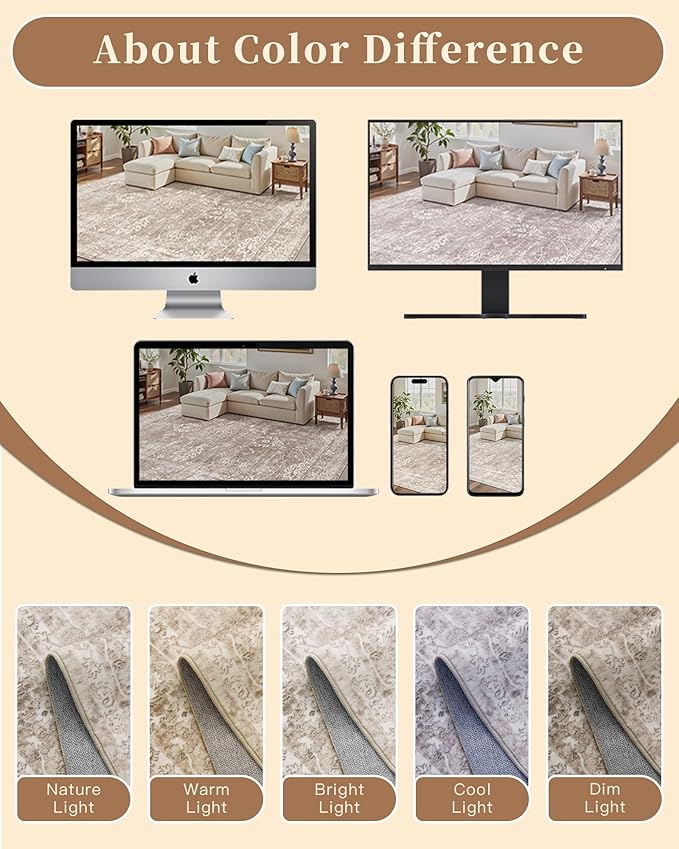 Madane Washable 6x9 Area Rugs for Living Room, Vintage Natural Rug with Non-Slip Backing, Soft Stain Resistant Throw Rugs Thin Carpet for Bedroom Dining Room Farmhouse (6 x 9, Brown/Sand)