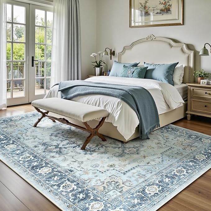 Lofus 9x12 Area Rugs for Living Room, Machine Washable Non-Slip Area Rug, Low Pile Large Rugs for Bedroom, Kitchen, Dining Room, Home Office, Vintage Oriental Print Rug, Blue Gold
