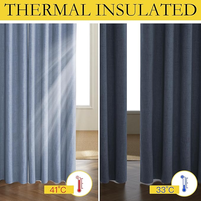 NICETOWN Stone Blue Vintage Linen 100% Blackout Curtains for Dining Room, Thermal Insulated Curtains 45" Long, Noise Reducing Window Treatment Drapes for Kitchen, 42" Wide Per Panel, Set of 2