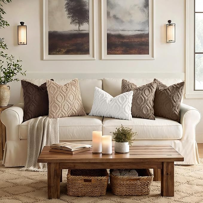 decorUhome Throw Pillow Covers 20x20 Inch Set of 2, Soft Plush Faux Wool Light Khaki Solid Couch Pillow Covers, Accent Farmhouse Neutral Square Pillow Cases for Sofa Bed Living Room