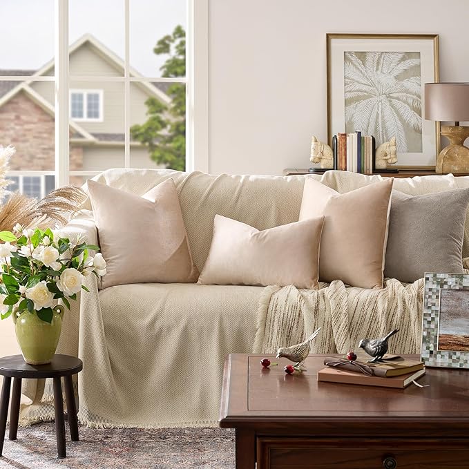 GIGIZAZA Beige Pillow Covers 20x20: Pack of 2 Super Soft Velvet Throw Pillows Solid Vintage Covers - Decorative Elegant Champagne Couch Big Square Cushion Covers Used for Living Room,Bedroom