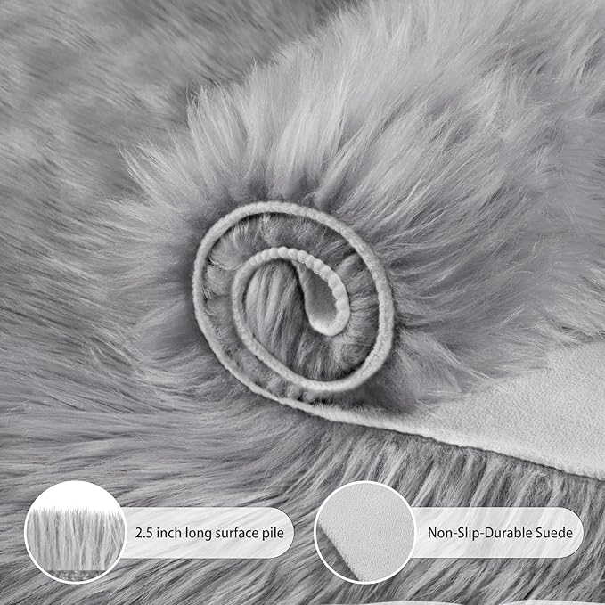 Ciicool Round Fur Fluffy Area Rug for Bedroom, Grey Faux Fur Rugs Furry Circle for Kids Room, Cute Furry Nursery Carpet, Plush Shag Circular Rugs Floor Carpets 3x3 Ft