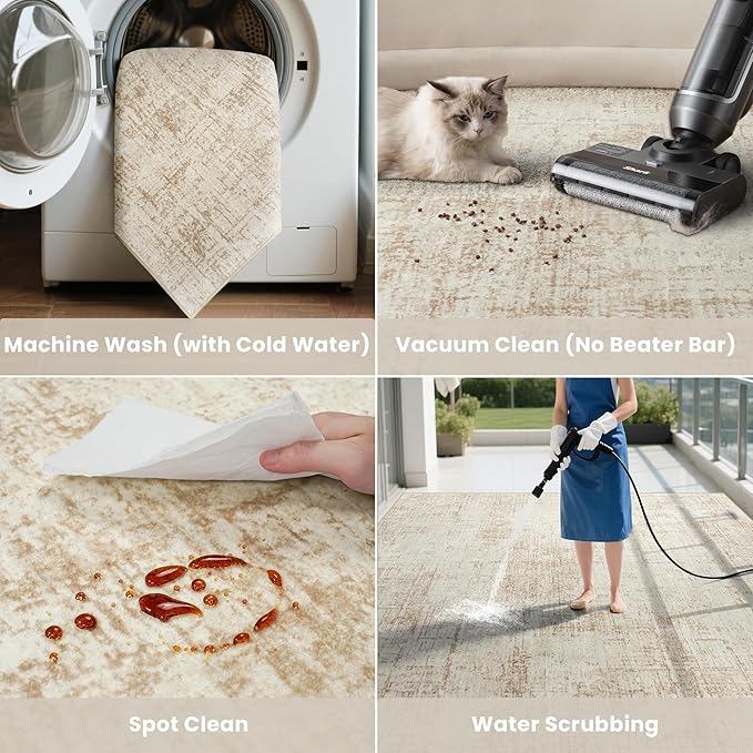8x10 Area Rugs for Living Room Washable Rug: Anti-Skid Abstract Modern Living Room Rug Soft Thin Carpets Indoor Floor Non-Shedding Carpet for Bedroom Dining Farmhouse Nursery Home Office Beige White