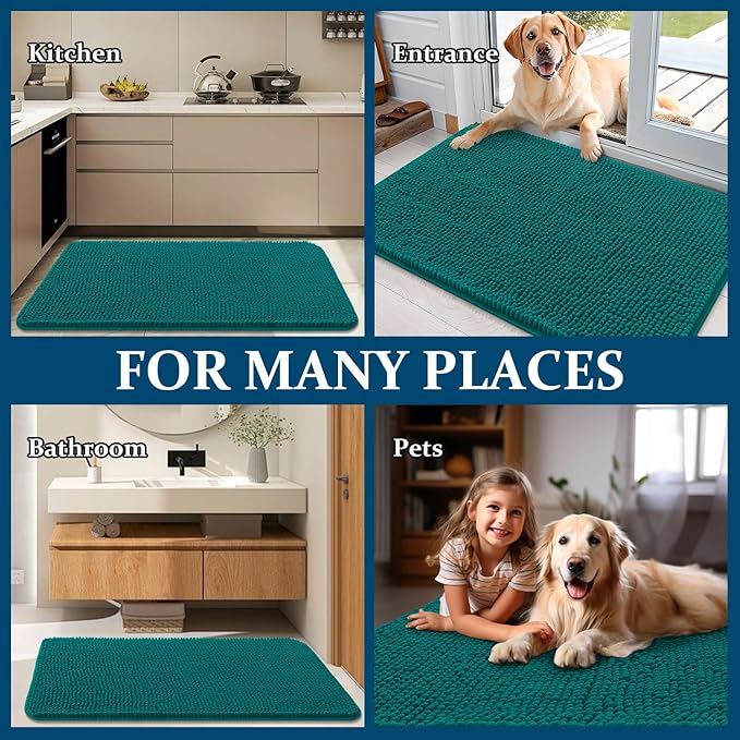OLANLY Dog Door Mat for Muddy Paws 50x30, Absorbs Moisture and Dirt, Absorbent Non-Slip Washable Doormat, Quick Dry Chenille Mud Mat for Dogs, Entry Indoor Entryway Carpet for Inside Floor, Lake Blue