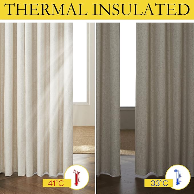 NICETOWN Natural 100% Blackout Linen Curtains 84 inch Long Burg for Living Room, 2 Panels, 52" Wide, Farmhouse Thick Completely Blackout Window Treatment Thermal Insulated Warm Drapes for Winter