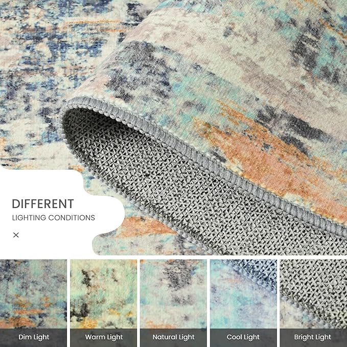 Entryway Rug 3x5 Blue Bedroom Area Rug Washable Non Slip Abstract Boho Rugs for Indoor Entry, Kitchen, Classroom, Bathroom, Kids Girls Room, Office, College Dorm Small Carpet