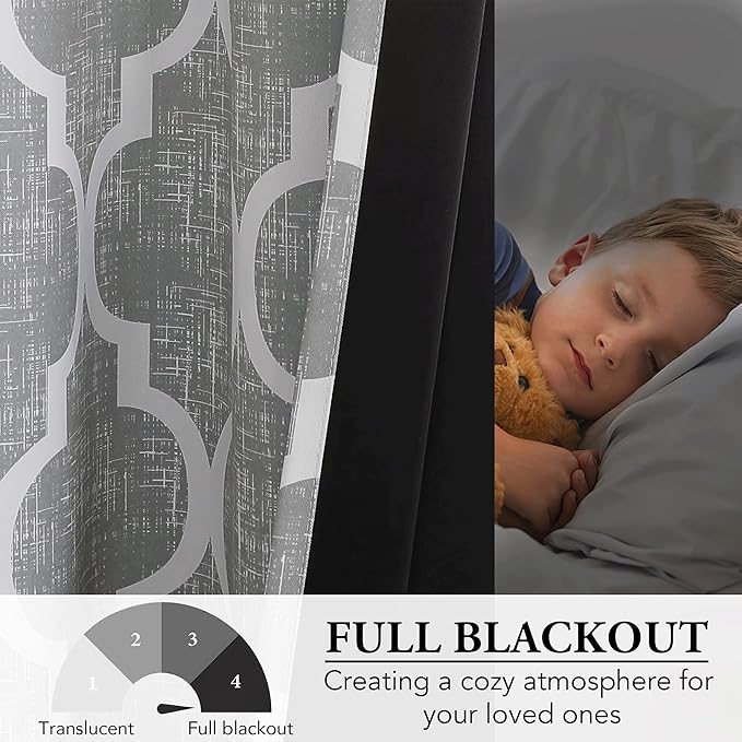 Beauoop 100% Blackout Curtains 84 Inches Long 2 Panels for Bedroom Living Room Grey Moroccan Geo Room Darkening Thermal Insulated Soundproof Grommet Top Window Treatments Drapes, 50x84 Set of 2