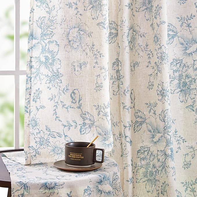 jinchan Linen Blend Curtain Floral Curtains for Living Room 84 Inch Length Blue Printed Curtain Rod Pocket Back Tab Farmhouse Peony Flower Patterned Drapes Bedroom Window Curtains Set 2 Panels