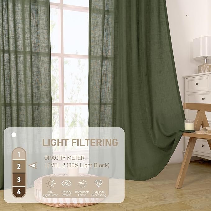 LAMIT Olive Green 72 inch Linen Curtains for Living Room 2 Panels, Linen Textured Light Filtering Semi Sheer Back Tab and Rod Pocket Christmas Curtain Panels for Bedroom/Farmhouse, 52 x 72 Inch