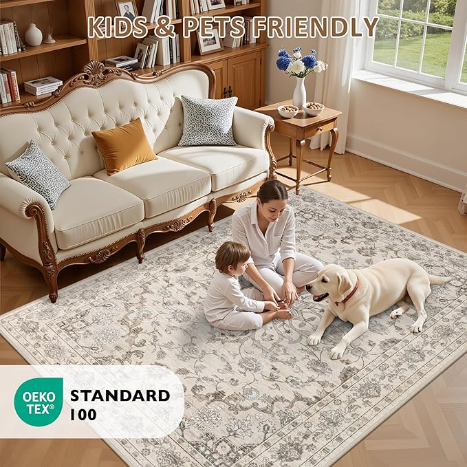 6x9 Area Rugs Living Room Rug: Washable Vintage Distressed Floral Rug No Slip Stain Resistant Soft Carpet Indoor Floor Large Carpets for Bedroom Dining Room Farmhouse Nursery Home Office Brown Beige