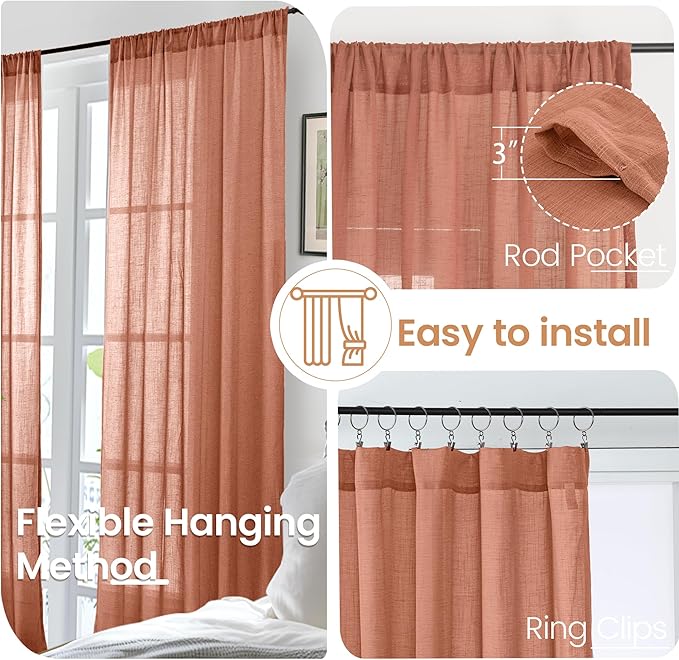 BGment Terracotta Linen Curtains for Living Room 84 Inch Length, Semi Sheer Lightweight Rustic Country Window Drapes Textured for Bedroom Farmhouse Decor Rod Pocket, 2 Panels Set, Each 38 Inch Wide