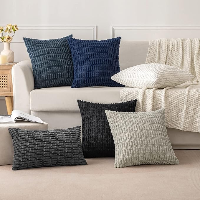 MIULEE Pack of 2 Corduroy Decorative Throw Pillow Covers 18x18 Inch Soft Boho Striped Pillow Covers Modern Farmhouse Home Decor for Sofa Living Room Couch Bed Dark Grey