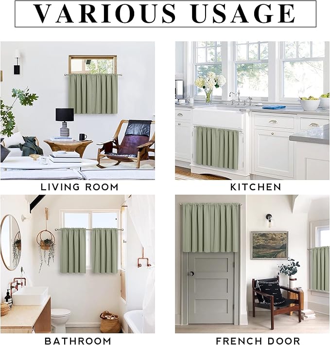 RYB HOME Blackout Privacy Bathroom Window Curtains, Short Thermal Insulated Heat Blocking Privacy Rod Pocket Half Window Curtain Tiers for Nursery Bedroom, Width 42 by Length 30, Sage Green, 2 Panels