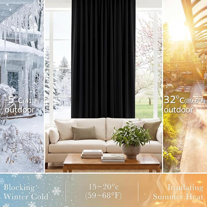 PONY DANCE Window Blackout Curtains - Nursery Drapery Back Tab Rod Pocket Thermal Insulated Short Curtain Panels Home Decoration, 52 Wide x 54 Long, Black, Set of 2