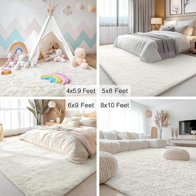 OLANLY 9x10 Machine Washable Large Area Rugs for Living Room, Bedroom, Soft Fluffy Shaggy Bedside Rug, Indoor Floor Carpet for Kids Girls and Boys, Dorms, Nursery, Home Decor Aesthetic, Ivory