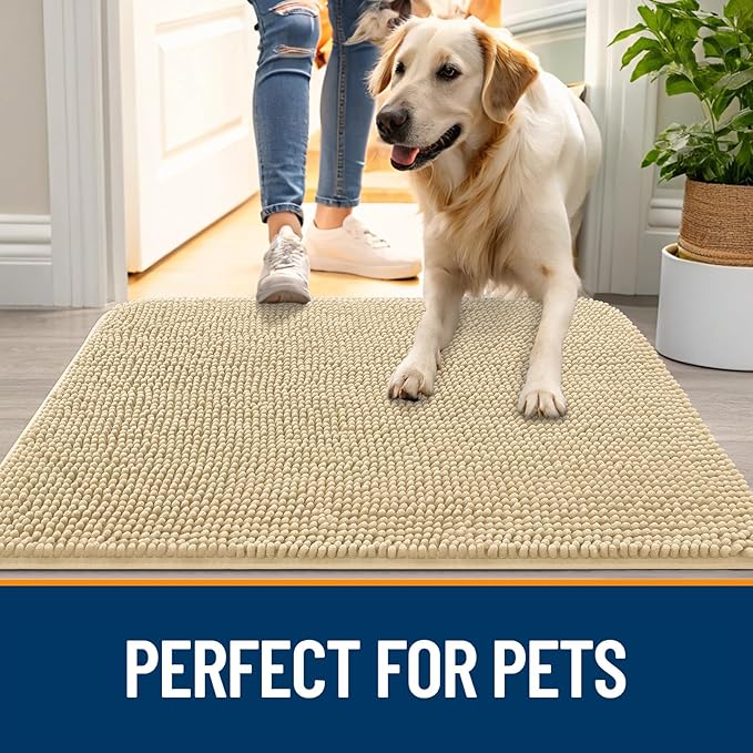 OLANLY Dog Door Mat for Muddy Paws 54x24, Absorbs Moisture and Dirt, Absorbent Non-Slip Washable Doormat, Quick Dry Chenille Mud Mat for Dogs, Entry Indoor Entryway Carpet for Inside Floor, Sand