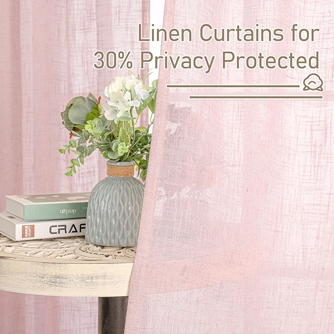 LAMIT Linen Curtains for Living Room 84 inch Length 2 Panels, Light Filtering Semi Sheer Drapes Back Tab and Rod Pocket Farmhouse Panels for Kids Bedroom/Girls Room, Pink, 52 x 84 Inch