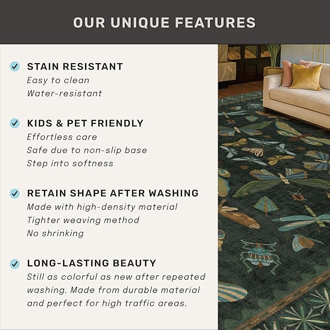 Hazo Haus Washable Insect 2x6 Runner Rug for Hallway- Stain Resistant Kitchen Runners, Floral Whimsical Indoor Floor Mat for Bathroom, Soft Non Slip with Rubber Backed, Dark Green