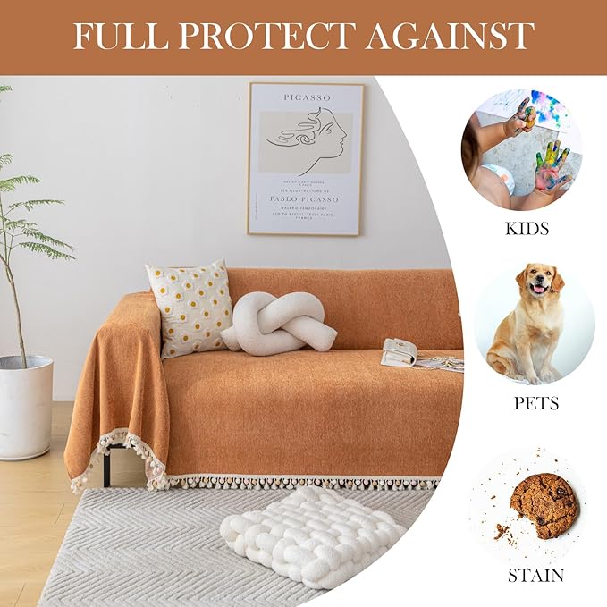 HANDONTIME Dark Orange Sofa Covers Couch Cover for Dogs Colorful Tassel Lovetseat Covers Pet Couch Cover Bohemian Sofa Cover for Couch Vintage Boho Couch Covers Futon Cover Pet-Friendly, 71" X118"