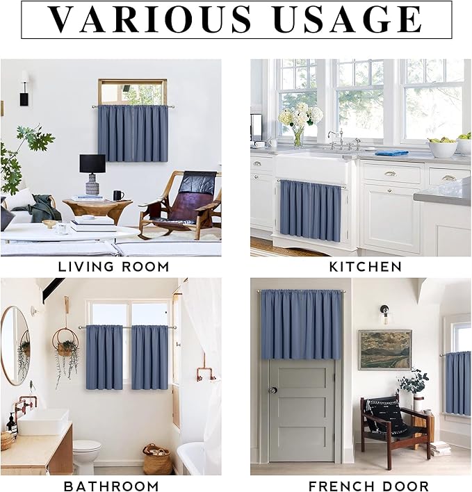 RYB HOME Blackout Cafe Curtains 30 inch Length, Short Light UV Heat Blocking Energy Saving Privacy Curtain Tiers for Basement Bathroom Kitchen Window, Width 29 by Length 30, Stone Blue, 2 Panels