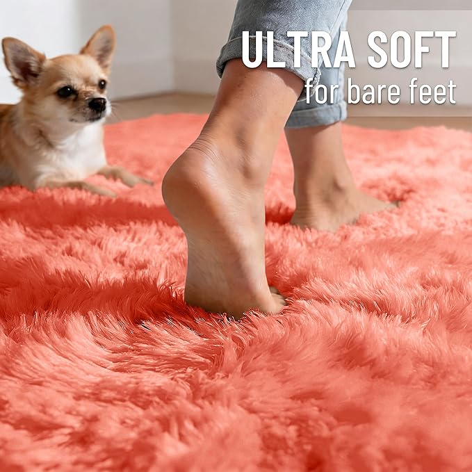 OLANLY 9x12 Machine Washable Large Area Rugs for Living Room, Bedroom, Soft Fluffy Shaggy Bedside Rug, Indoor Floor Carpet for Kids Girls and Boys, Dorms, Nursery, Home Decor, Coral Red