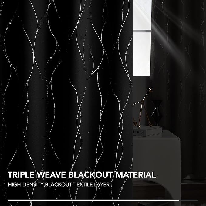 Deconovo Short Blackout Curtains, Black Drapes, Thermal Insulated Soundproof Grommet Curtain, Wave Line Dot Foil Print, 38 x 54 Inch, 2 Panels, Machine Washable Window Panel for Small Windows Kitchen
