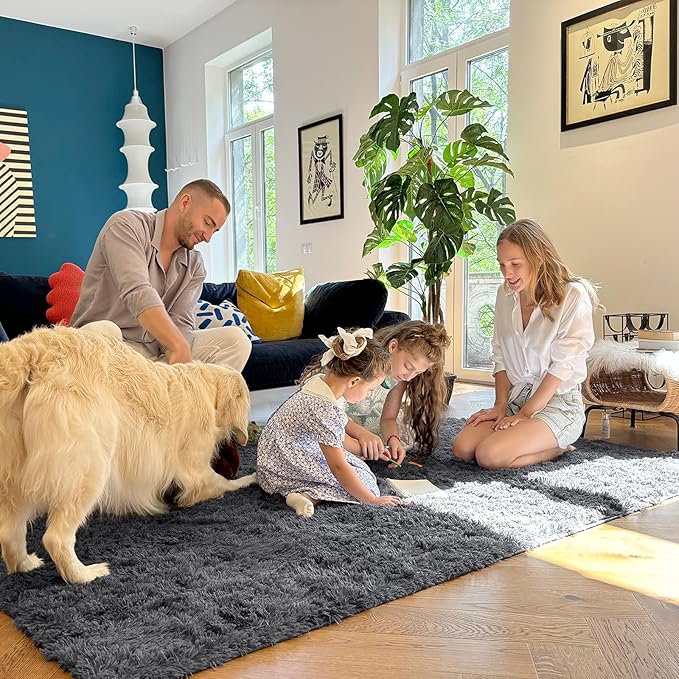 OLANLY 7x11 Machine Washable Large Area Rugs for Living Room, Bedroom, Soft Fluffy Shaggy Bedside Rug, Indoor Floor Carpet for Kids Girls and Boys, Dorms, Nursery, Home Decor Aesthetic, Grey