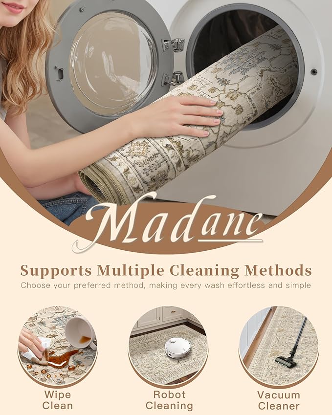 Madane Washable Area Rug 2x4, Small Entryway Rug Non-Slip Vintage Door Mat Indoor Entrance, Low Pile Floor Carpet Runner for Inside Front Door Kitchen Entry Laundry, Beige/Blue