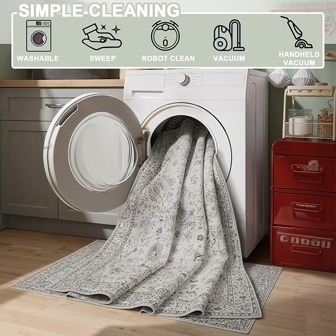 Grey Floral Rug for Entryway, 2x3 Washable Kitchen Mat Ultra-Thin Soft, Non-Slip Indoor Door Carpet Stain Resistant Boho Small Low-Pile Throw for Bathroom Bedroom (2 x 3, Grey)