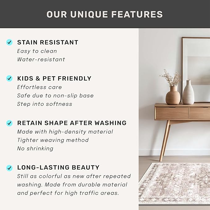 Washable Farmhouse Living Room Rug, 9x12 Area Rugs for Bedroom, Dining Room Under Table Carpet, Kids Room, Large Boho Vintage Non-Slip Floral Rugs Low Pile Stain Resistant (9x12 Beige/Latte)