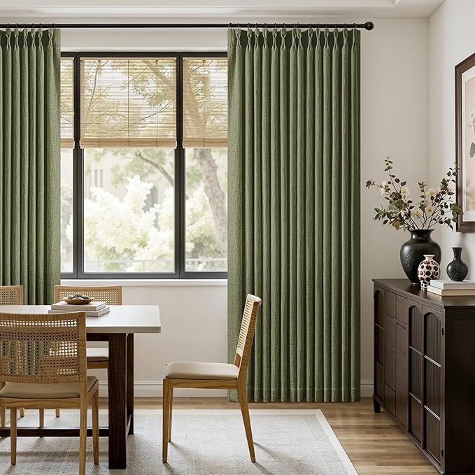 MIULEE Olive Green Pinch Pleated Linen Curtains 90 Inches Long 2 Panels for Living Room Bedroom, Linen Texture Memory Trained Drapes Pleat Back Tab Semi Sheer Moss Green Window Curtains with Hooks