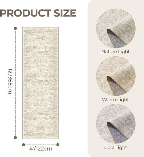 4x12 Runner Rug for Hallway, Low-Pile Wide Runner for Entryway, Long Washable Non-Slip Kitchen Rug, Soft Modern Home Decor Mat for Living, Laundry Room(4'x12', Beige/Ivory)