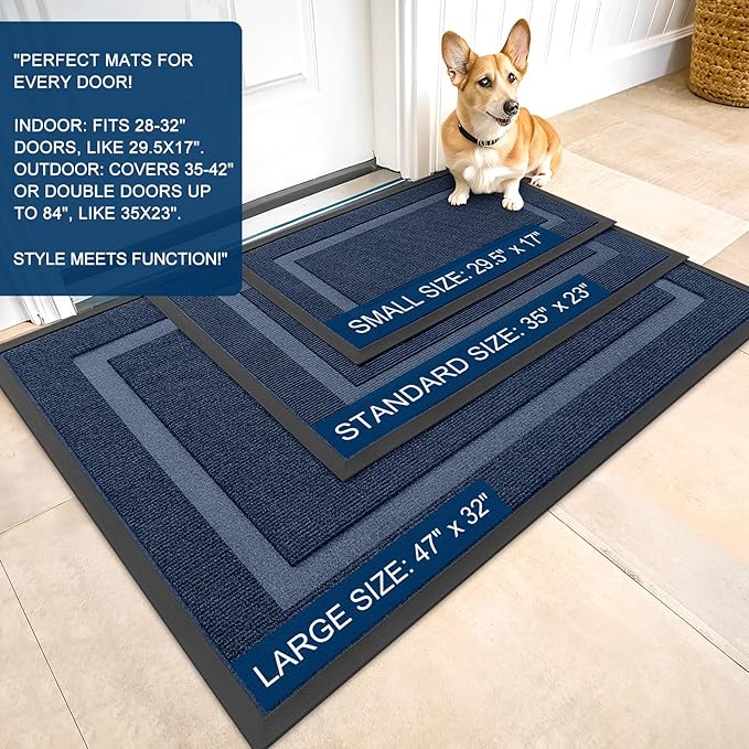 OLANLY Front Door Mat Indoor Outdoor Entrance, Waterproof All-Season, All-Weather Doormat, Sturdy Natural Rubber, Fade Resistant, Low Profile, Easy Clean Patio Porch Entryway Mat, 36x24, Blue