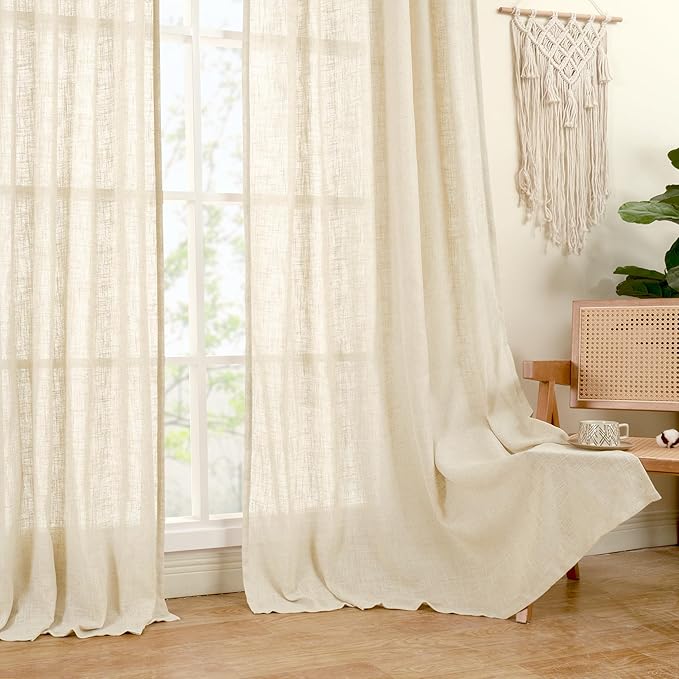 LAMIT Faux Linen Curtains 63 inches Long for Bedroom, Back Tab and Rod Pocket Linen Drapes Light Filtering Sheer Window Curtains for Living Room, Set of 2 Panels (38 x 63 Inch, Beige)