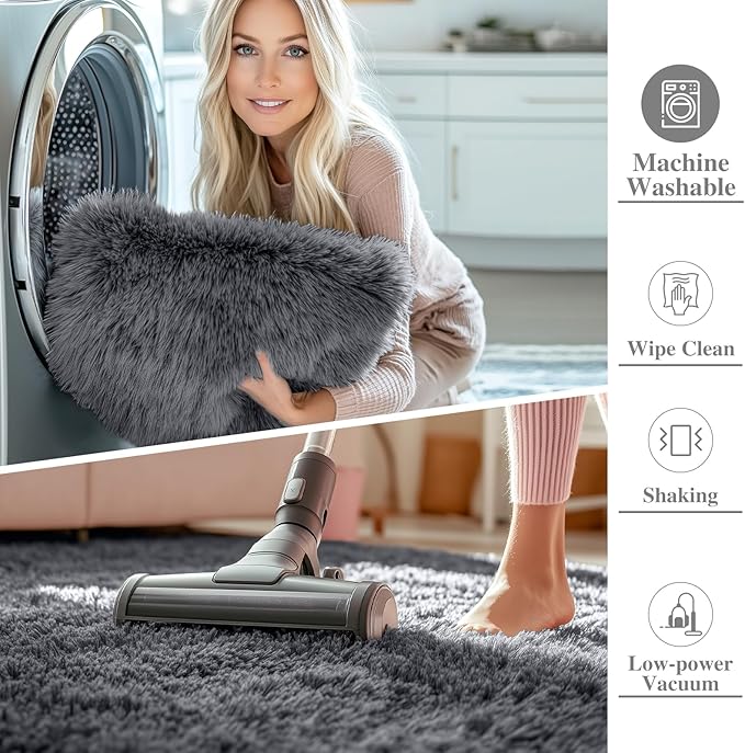 OLANLY 3x3 Machine Washable Small Bedside Rug, Soft Fluffy Shaggy Entryway Throw Rugs for Bedroom, Living Room, Indoor Floor Carpet for Kids Girls and Boys, Nursery Rooms, Home Decor Aesthetic, Grey