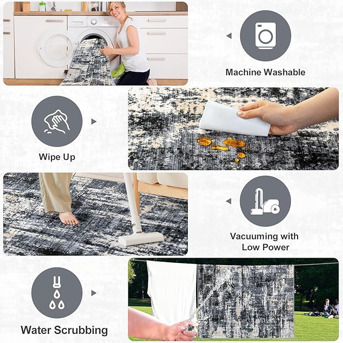 Area Rugs Living Room Rug - 5x7 Washable Modern Abstract Soft Neutral Non-Slip Carpet Large Indoor Floor Thin Carpets for Bedroom Dining Room Farmhouse Nursery Home Office Black Gold